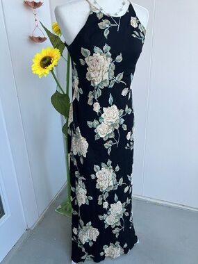 Vintage 90s Spaghetti Strap Maxi Dress Bold White and Pink Floral Rose Print